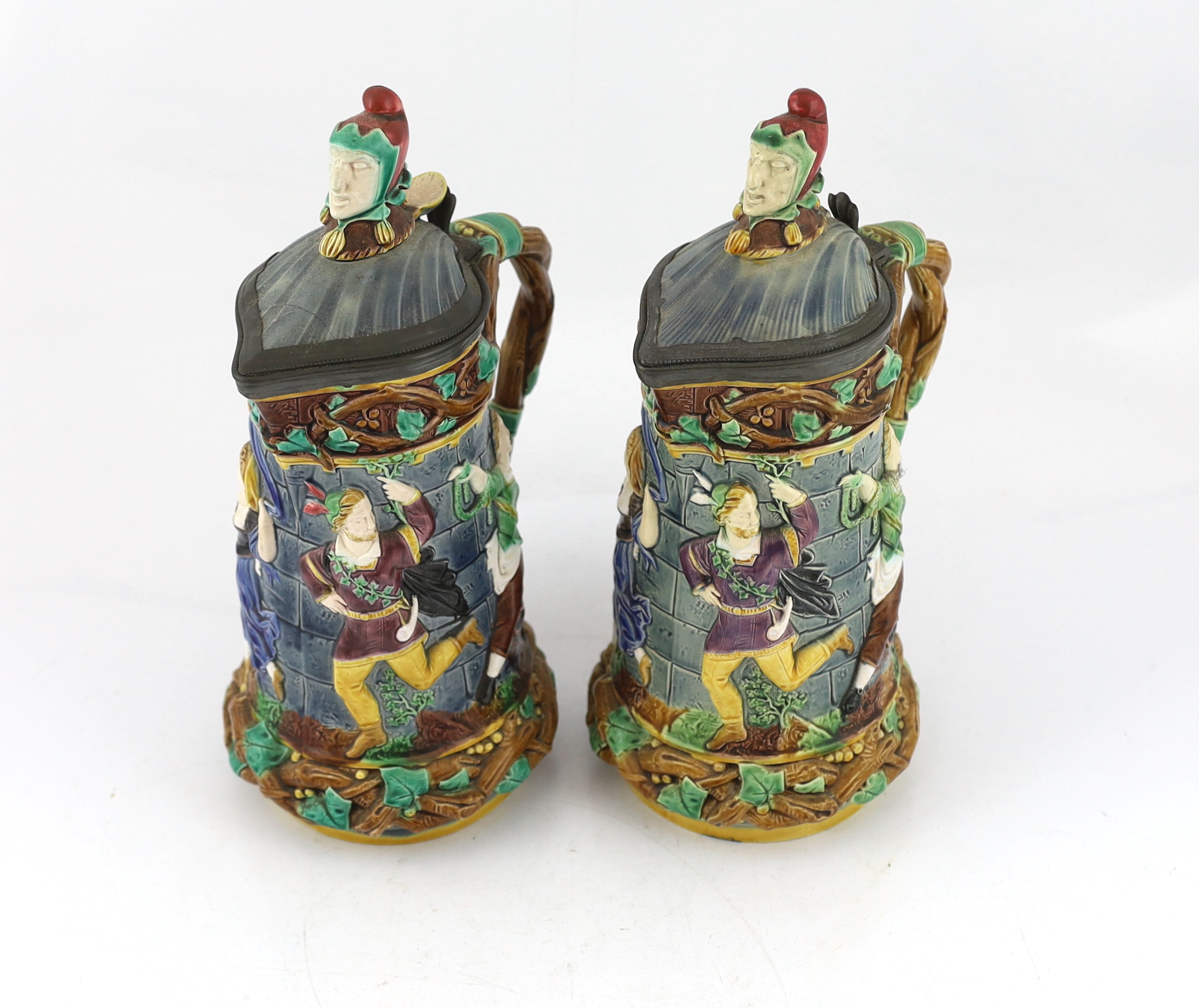 A pair of Victorian Minton majolica ‘Tower’ jugs, 33cm high